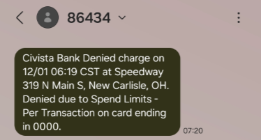 Screenshot of a spend limit control SMS text notification.